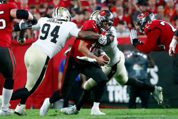 Saints DE Cameron Jordan (94) sacks Buccaneers QB Tom Brady (12). Credit: USA TODAY 